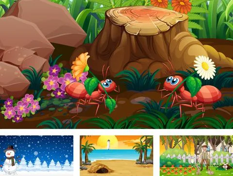 Four different nature horizontal scene Stock Illustration