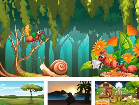 Four different nature horizontal scene Ilustração Stock