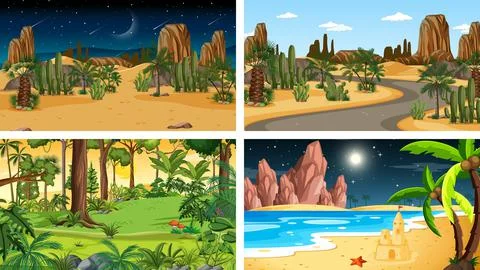 Four different nature horizontal scenes Ilustração Stock