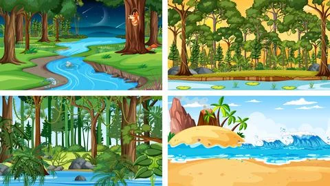 Four different nature horizontal scenes Ilustração Stock