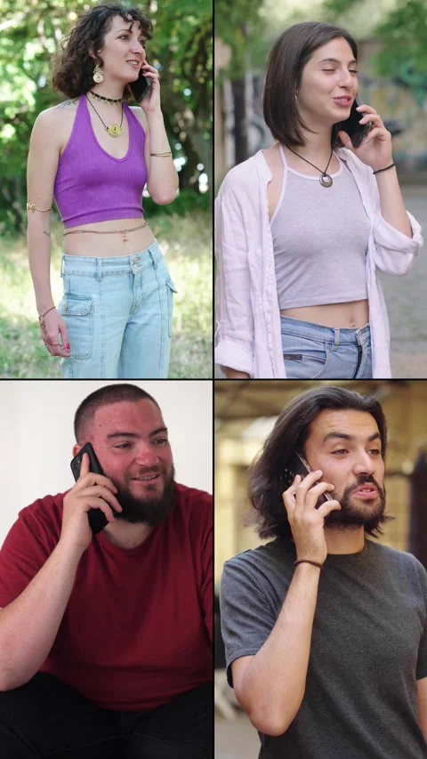 Four different people talking on the phone in split screen Stock Footage 308016967