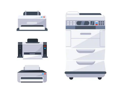 Four different printers are standing on a white background, representing home Иллюстрация