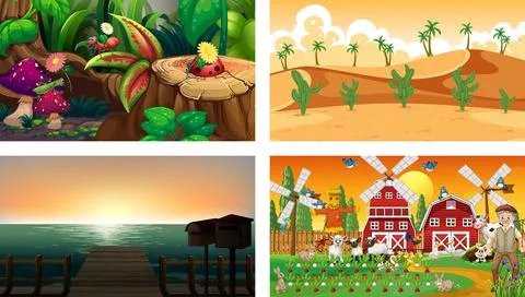 Four different scenes with various animals cartoon character Stock Illustration