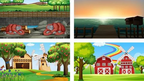 Four different scenes with various animals cartoon character Stock Illustration