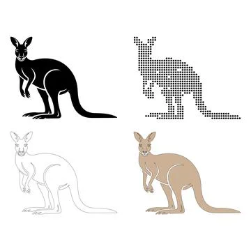 Four Different Styled of a Kangaroo black white brown Stock Illustration