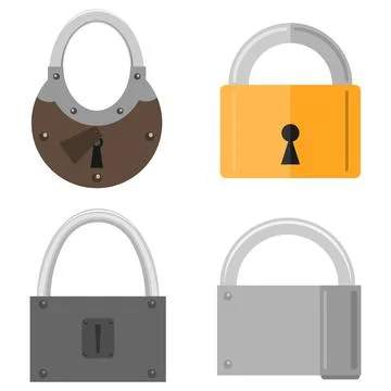 Four different styles of metal padlocks vector icon set collection isolated. Stock Illustration