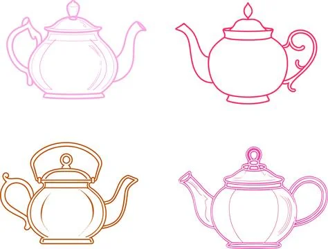 Four different teapots with different colors and designs Stock Illustration