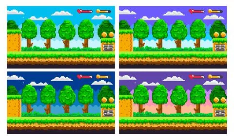Four Different Time-of-Day Pixel Art Forest Scenes Stock Illustration