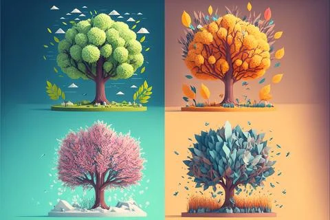 Four different trees with different colors and shapes in the same picture e.. Stock Illustration