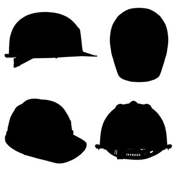Four different types of helmets are shown in black and white. The first helmet Stock Illustration