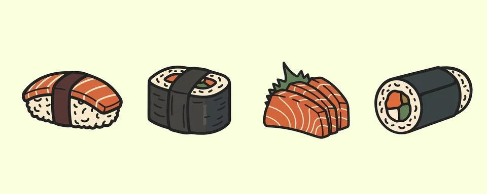 Four different types of sushi rolls and sashimi pieces bundle design Stock Illustration