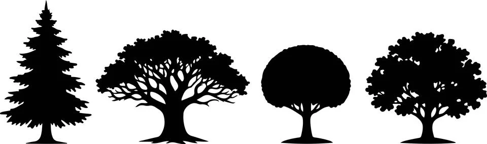 Four different types of trees with black silhouettes against plain background Stock Illustration