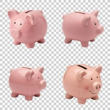 Four different views of pink ceramic piggy bank isolated on transparent che.. Fotos de archivo