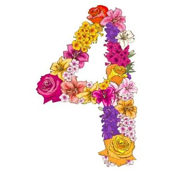Four digit made of different flowers. Floral element of colorful alphabet mad Stock Illustration