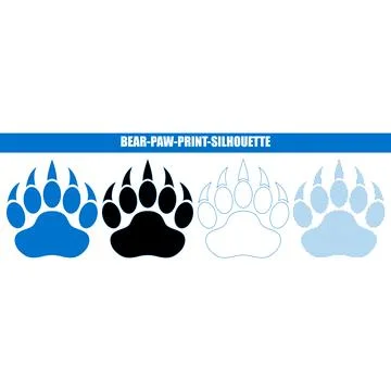 Four distinct bear paw print silhouettes in blue black outline and dotted p.. Stock Illustration