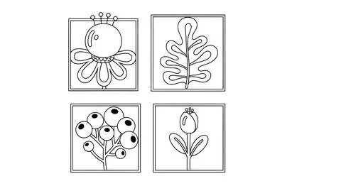 Four distinct illustrations showcasing various objects and patterns in a si.. Stock Illustration