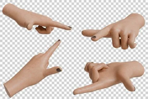 Four distinct pale hands, each with dark nail polish, display various point.. Stock Illustration