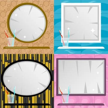 Four diverse bathroom interior mirror designs shelves toothbrushes tiles Stock Illustration