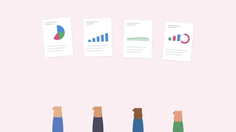Four diverse hands holding up report sheets with different animated charts Video stock 342531403