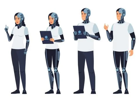 Four diverse human robot hybrids or cyborgs in casual clothes stand with fe.. Stock Illustration