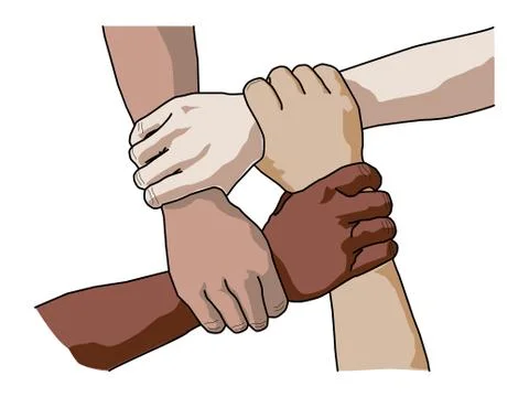 Four diverse men holding each others wrists. Top view. Stock Illustration