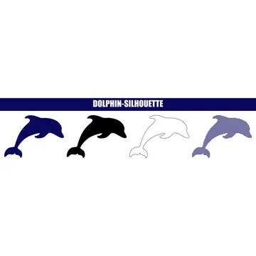 Four dolphin silhouettes in motion during daytime against a clean backdrop .. Stock Illustration