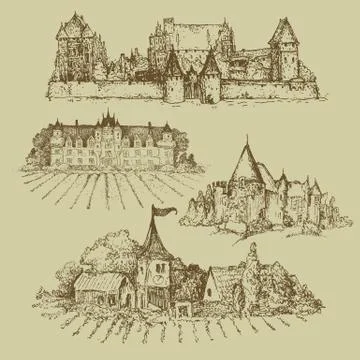 Four drawings of castles Stock-Illustration