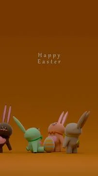 Four Easter Bunny Figurines with a Decorated Egg on a Brown Background with.. Illustrazione stock