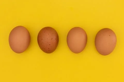 Four easter eggs laying in a line, pattern, on a yellow background Stock Photos