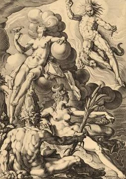 The Four Elements after a painting by Hendrick Goltzius Historical digitally Stock Illustration
