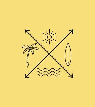 The four elements are waves, surfboard, palm and sun Stock Illustration