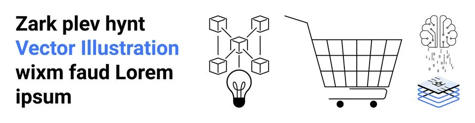 Four elements in black and white including a blockchain network idea light bu Illustrazione stock