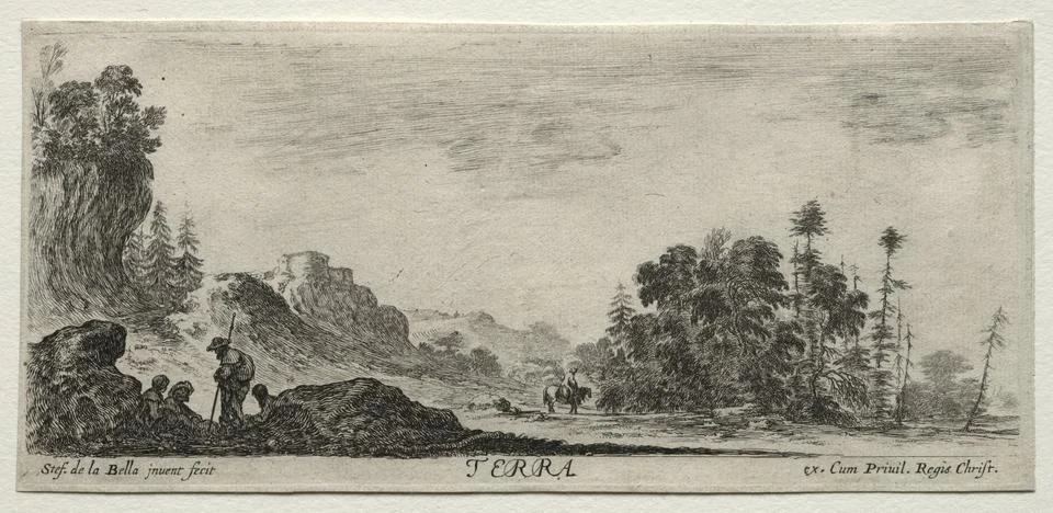 The Four Elements, c. 1648. Stefano Della Bella (Italian, 1610-1664). Etching Stock Illustration