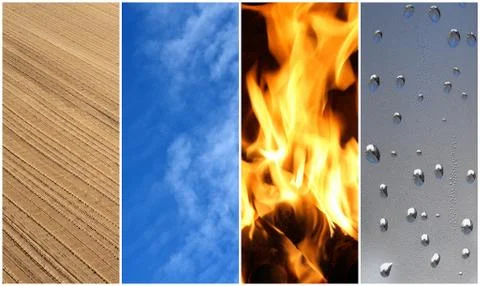 Four elements. Earth, air, fire, water. Stock Photos