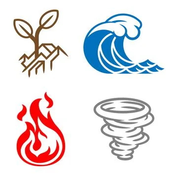 Four Elements Earth Water Air Fire Icon Set Stock Illustration