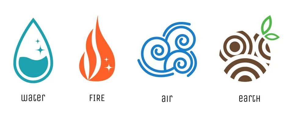 Four elements flat style symbols. Water, fire, air, earth signs. Vector icons Illustrazione stock
