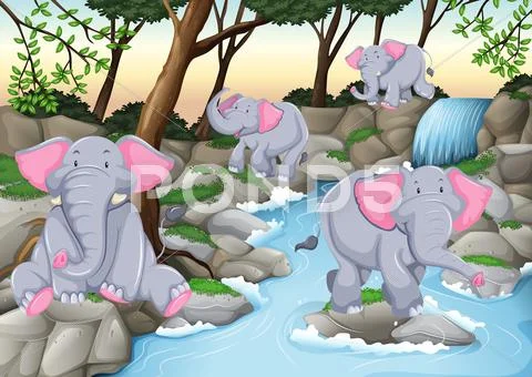 Four Elephants At The Waterfall