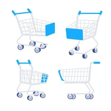 Four empty shopping carts with blue handles on a white background, perfect for Illustration