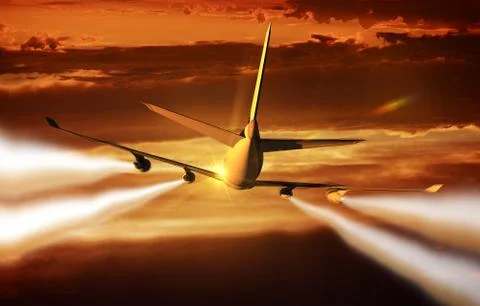 Four-engine airliner flight rear view. Stock Illustration