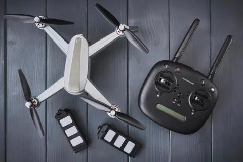 Four-engine drone with two spare batteries and dual frequency radio control o Stock Photos
