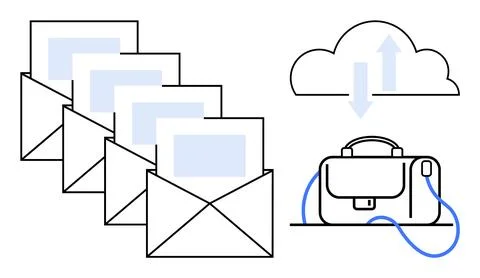 Four envelopes, briefcase, and cloud with arrows. Ideal for email marketing,  イラスト素材