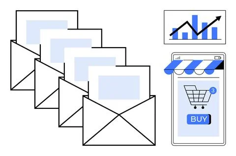 Four envelopes, a growth chart, and a mobile screen with a shopping cart icon Stock Illustration