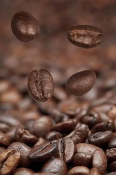 Four falling beans and roasted coffee beans background with focus foreground Stock Photos