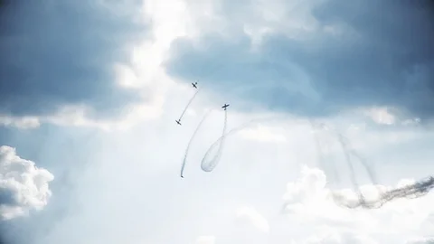 Four fighter jets in the blue sky. A general plan. Aerobatic figures. Airshow Stock Footage 124143148