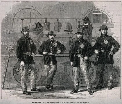 Four firemen stand in front of their fire-engine. Wood engraving. Stockillustratie