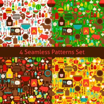 Four Flat Barbecue Patterns Set Illustrazione stock