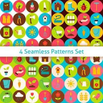 Four Flat Spring Garden Seamless Patterns Set with Circles Stock Illustration