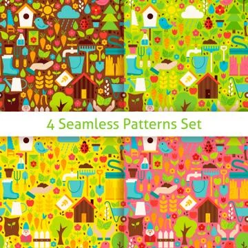 Four Flat Spring Garden Seamless Patterns Set イラスト素材