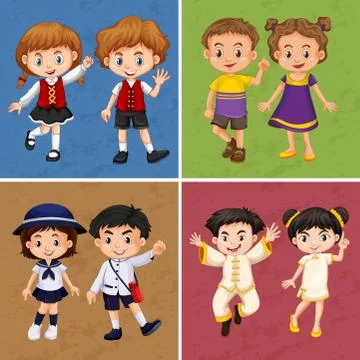 Four frames of kids from different countries Stockillustratie