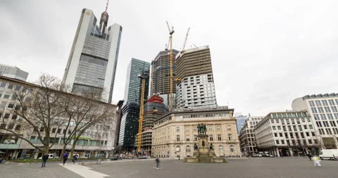 Four Frankfurt construction site. Unique skyline of Frankfurt am Main and clouds Stock Footage 244700320